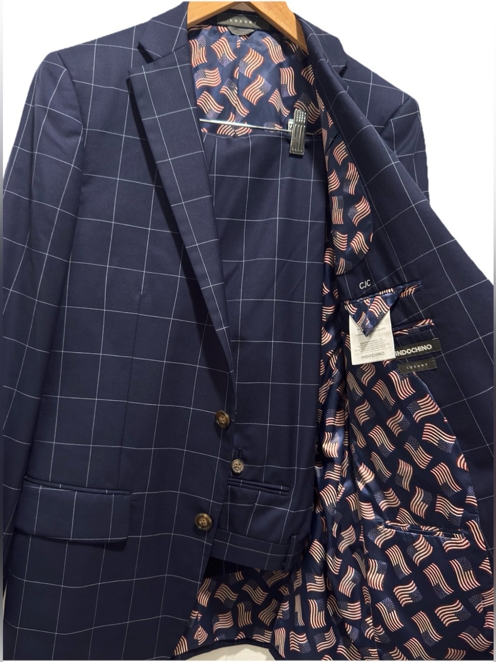 INDOCHINO Custom Wool Suit 40R 34x30 Navy Harrogate Windowpane US Flag Lining